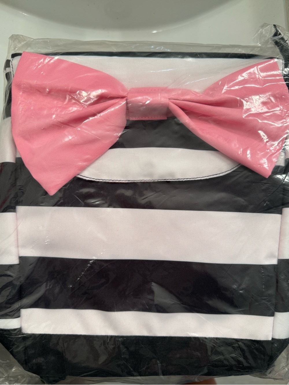 Land Of Nod Black & White Striped Kids Bag with Pink Bow Accent